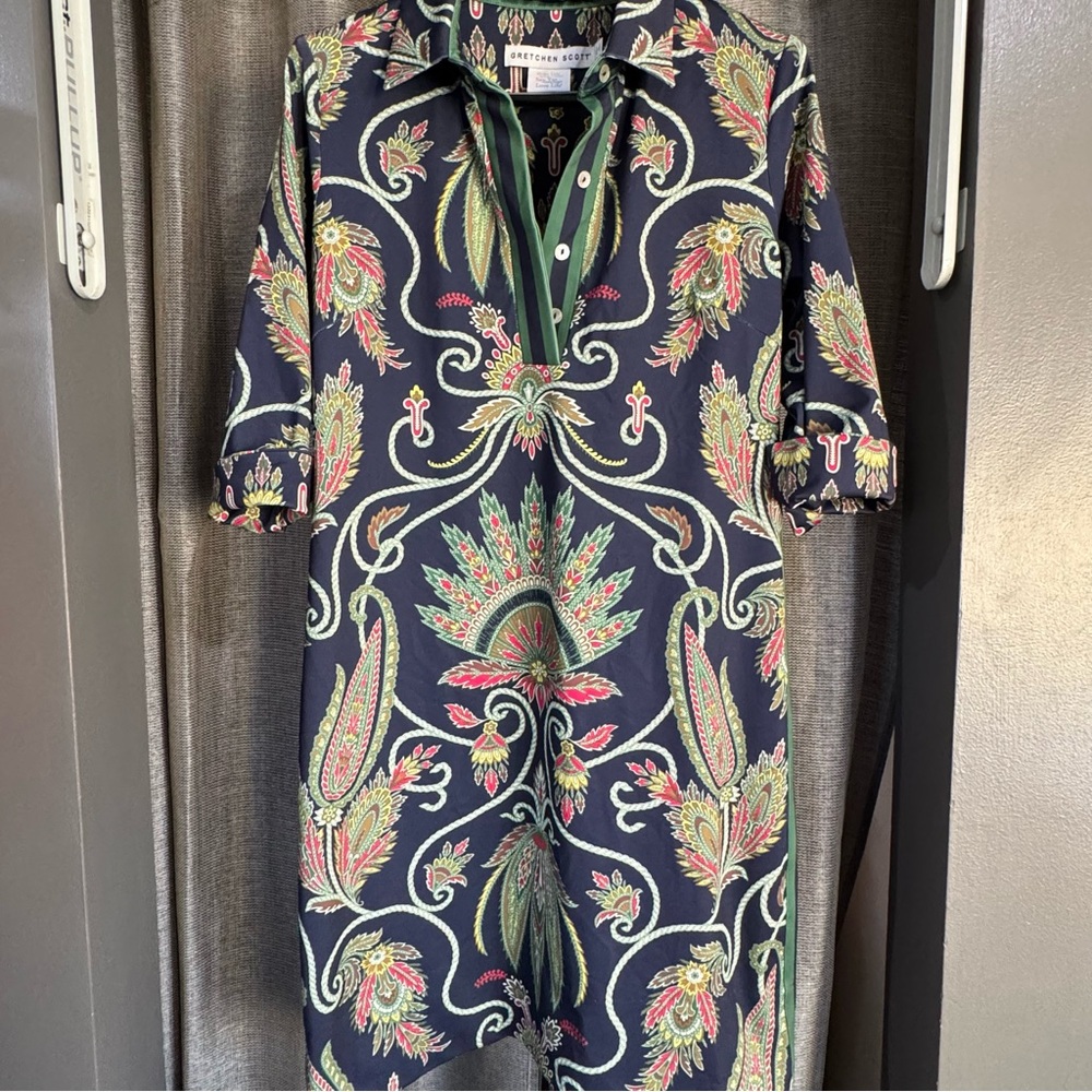 Gretchen Scott Designs Navy Dress with Pink and Green Paisley Print